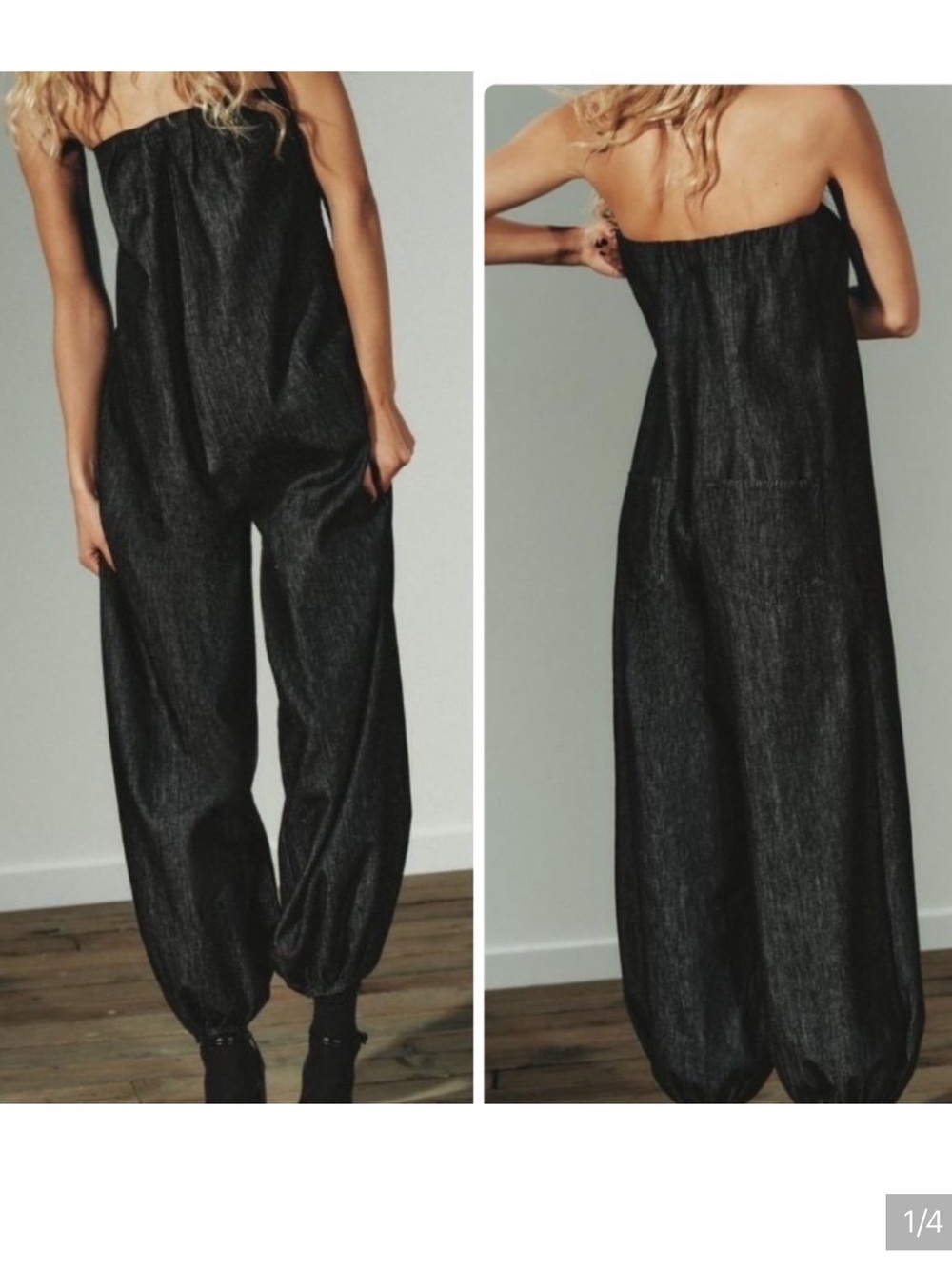 NEW Zara Black Denim Drawstring Waist Jumpsuit Pants